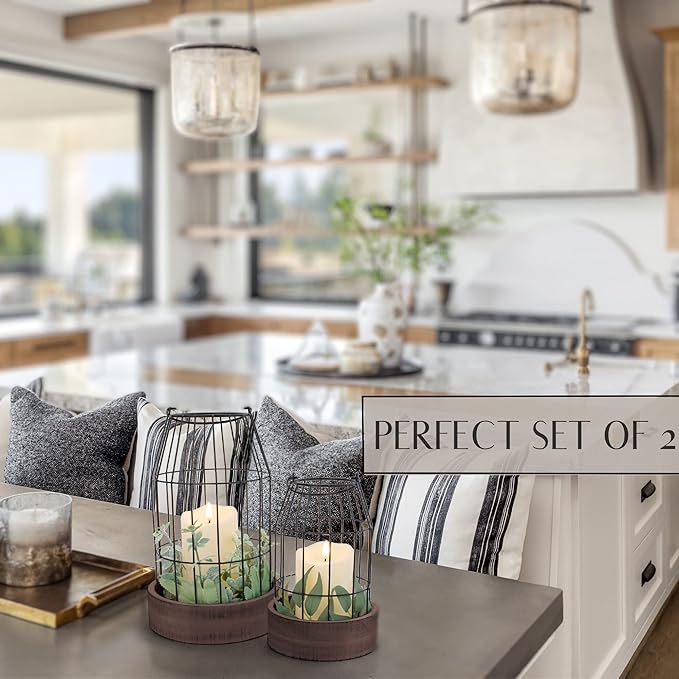 Rustic Farmhouse Lantern Decor Set of 2 - Stylish Decorative Lanterns for Your Living Room, Patio & Porch or Kitchen Dining Table - Modern Indoor/Outdoor Coffee Table Decor for Your Entire Home