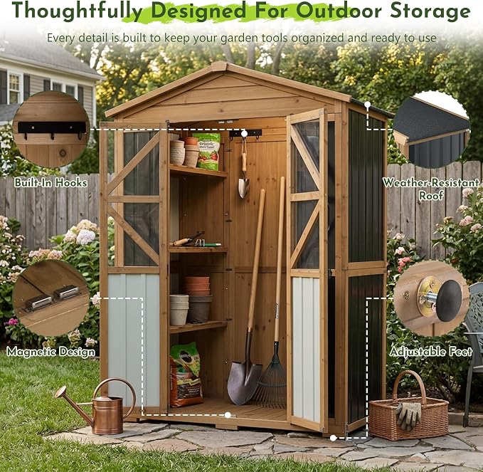 Outdoor Wooden Storage Shed Cabinet with 6 Adjustable Shelves | 48.8'' Tall Outdoor Cabinets with Lockable Double Doors, Transparent Window, Hooks, Reinforced Structure, Waterproof Roof