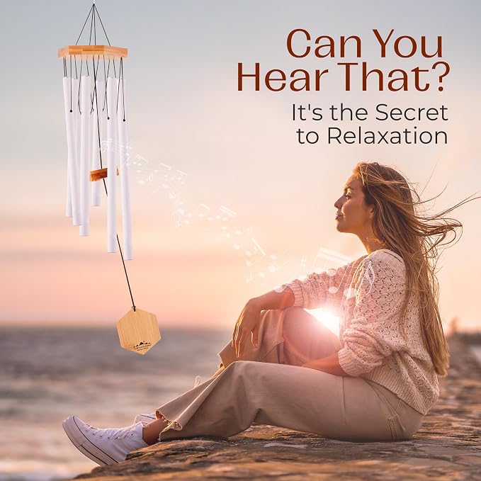 Silver Wind Chimes for Outside, 29 Inch Hand Tuned G Major Pentatonic Wind Chime, Memorial Sympathy Gift for Loss of Loved One, Deep Tone Aluminum Bamboo Garden Patio Porch Decor