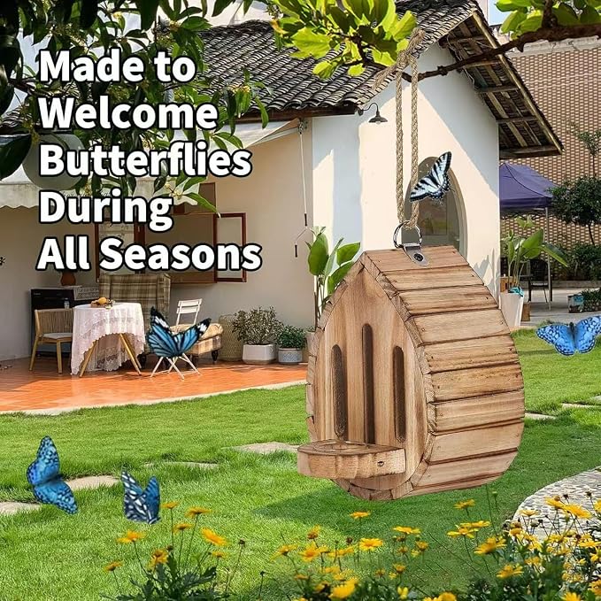 Butterfly House Wooden Habitat with Feeder, Natural Wood, Hanging Garden Decoration, Nesting Box for Butterflies, Bugs, Moths and Lacewings