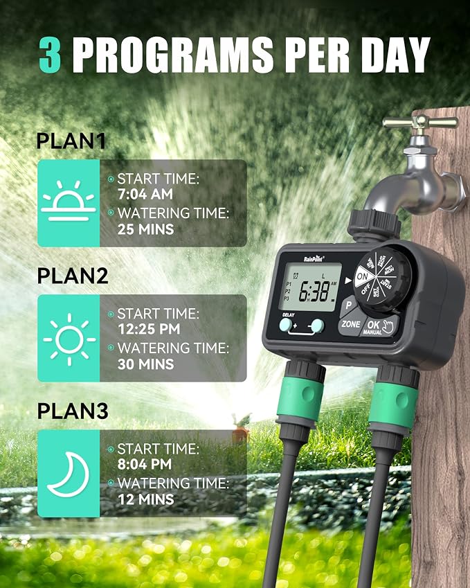 RAINPOINT Sprinkler Timer with 3 Different Programs, Hose Timer for Garden Hose with Rain Delay/Manual Watering/Automatic Irrigation System for Garden, 2 Outlet