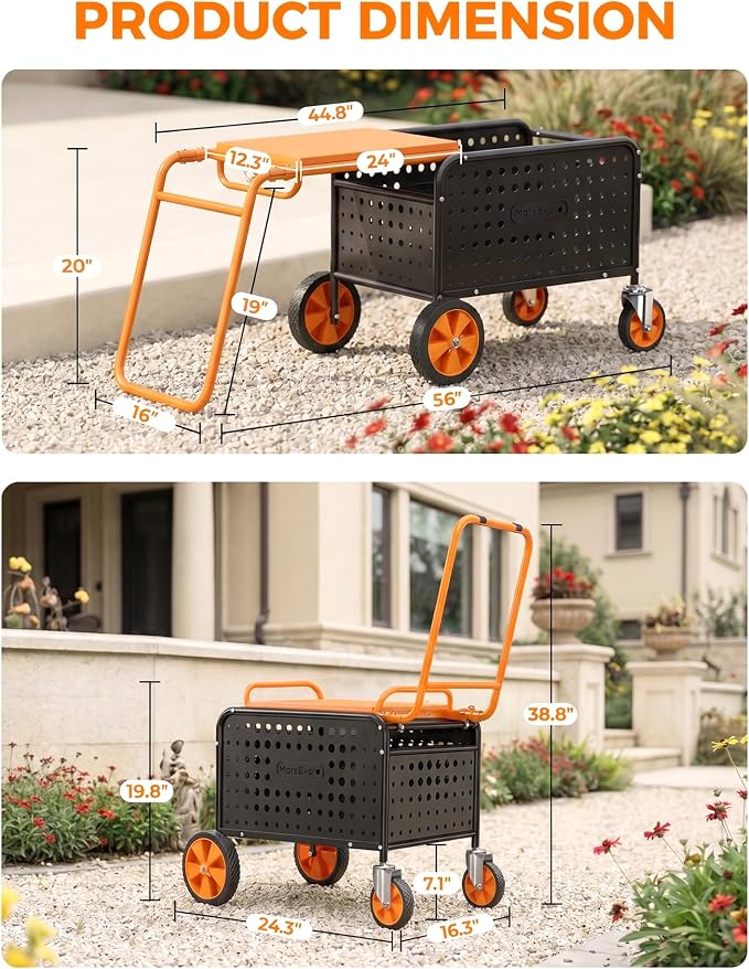 Rolling Garden Work Seat with Wheels, Upgraded Heavy Duty Cart for Seniors with Rotatable 360-Degree Wheels and Extended Handle, Garden Seat for Lawn, Patio & Backyard Gardening, Orange