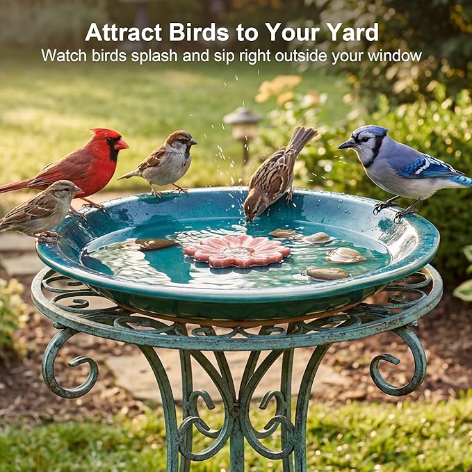 Topadorn 12.2'' Ceramic Birdbath & Birdfeeder for Small Birds Outdoors, 2" Depth Bird Bath Bowl for Vintage Garden Patio Yard Lawn Decor, Blue with Red Flower