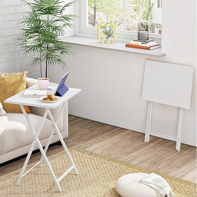 HOOBRO Folding TV Tray Tables, Set of 2 Side Table for Small Space, Industrial Snack Tables for Eating at Couch, Stable Metal Frame, Easy Assembly, Space Saving, White WW25BZ01N1