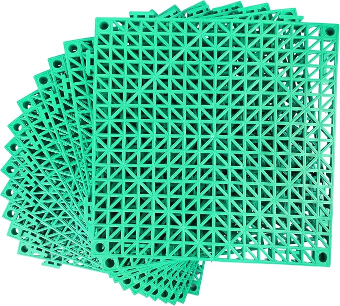 MYFAMIREA Modular Interlocking Cushion 12 Pack 11.8" x 11.8" Rubber Floor Tiles Non-Slip Splicing Drainage Mats for Deck, Pool, Outdoor Shower, Patio, Balcony, Indoor Bathroom, Kitchen, Yard (Green)