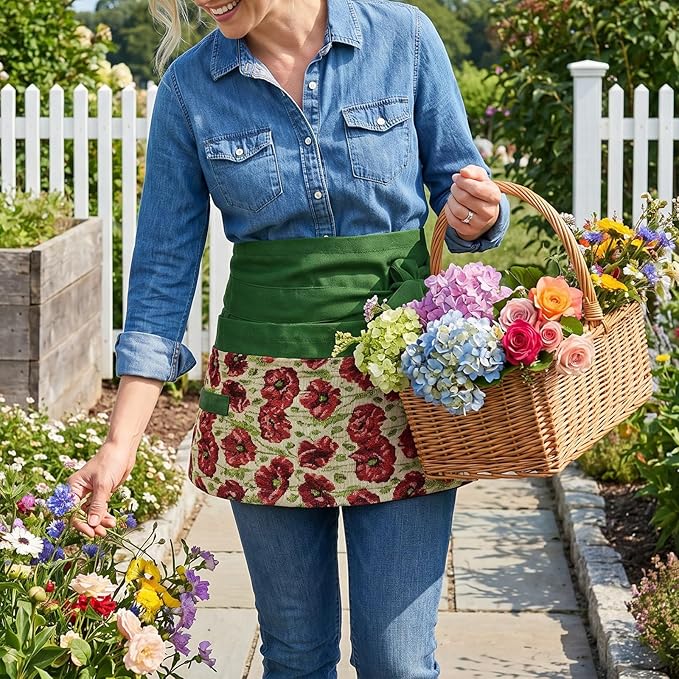 Garden Apron for Woman, Serve Apron Cute, Flora Half Apron with 8 Pockets, Valentines Gift for Mom Wife Girlfriend