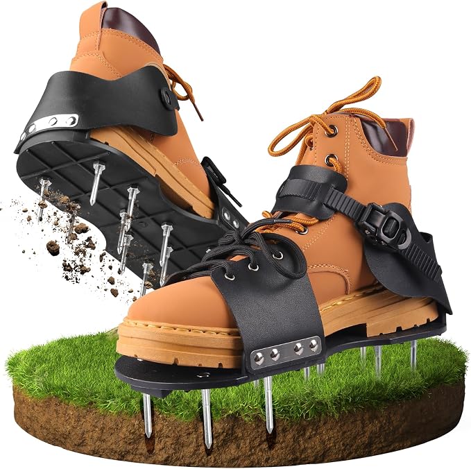 Lawn Aerator Shoes for Grass, Aerator Shoes with Adjustable Loop Strap, Grass Aerator Shoes with 26 Stainless Steel Nails, Aeration Shoes for Lawn Soil Aeration for Patios, Gardens (Light Black)