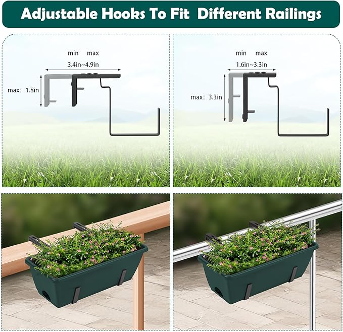 6 Pack Deck Railing Planter Boxes Outdoor Fence Planters with Drainage Holes, 17’’ Window Boxes Planters with Adjustable Metal Brackets for Garden, Balcony, Patio, Green