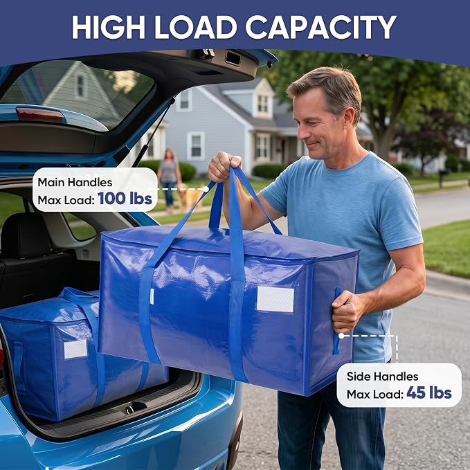 TICONN 4 Pack Extra Large Moving Bags Heavy Duty with Zippers & Carrying Handles, Durable Storage Bags Moving Boxes for Closet Organizers and Storage (4 Pack, Blue)