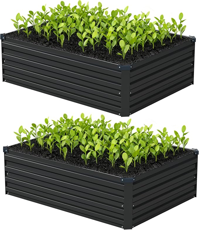 Foxlang 4x3x1ft(2 Pack) Galvanized Raised Garden Bed,Outdoor Planter Box Metal Patio Kit Planting Bed for Vegetables Flowers Herb,Black