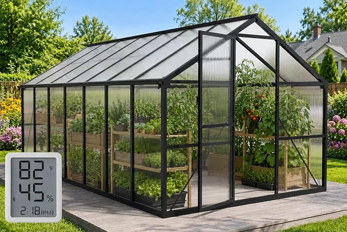 8×14FT Green Houses for Outside, Walk in Greenhouse for Outdoors and Garden Planting, Large Greenhouse Kit with Electronic Thermometers, Withstands Strong Wind or Snow to Protect Vegetables or Plants