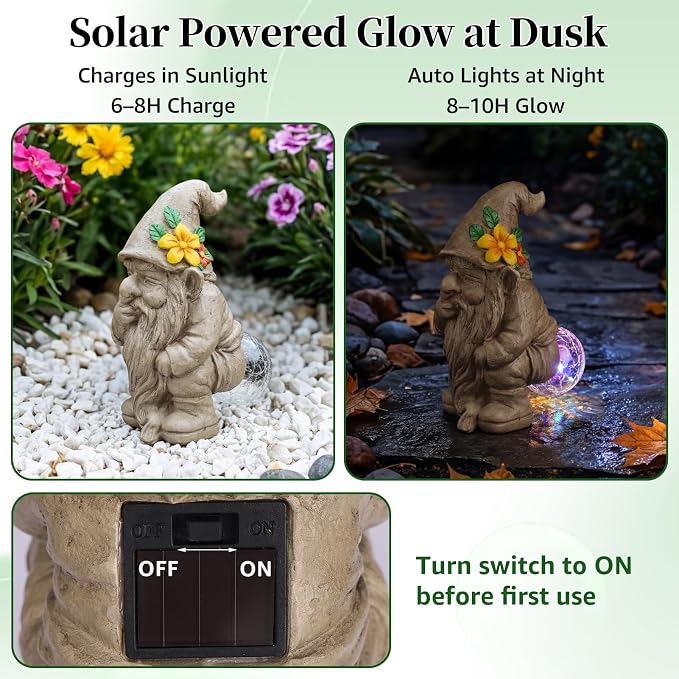 Lyeasw Solar Funny Garden Gnome Statue - Gnomes for Dad - Waterproof Outdoor Garden Sculpture Light for Yard, Porch, Patio & Balcony - Birthday Gift for Mom, Grandma & Garden Lovers