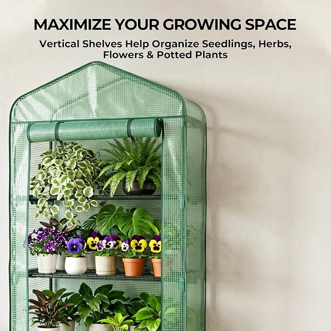 Worth Garden 4 Tier Mini Greenhouse - 63'' H x 27'' L x 19'' W - Sturdy Portable Gardening Shelves with Durable PE Cover w/ Roll-Up Zipper Door- Small Green House Indoor & Outdoor for Plants Flowers
