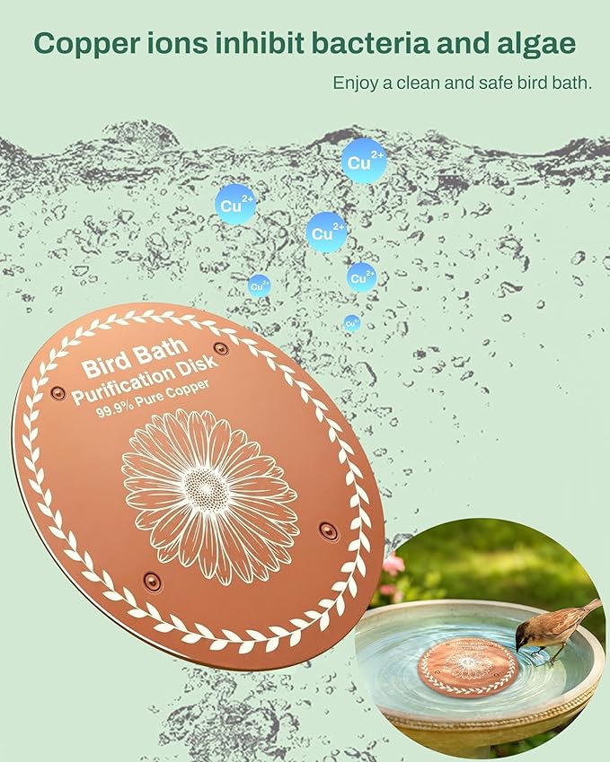 Bird Bath Purification Disk Pure Copper Outdoor Winter Solar Power Birdbath Deicer Cage Hanging Bowl Metal Warmer Deck Railing Glass Concrete Ceramic Stone Stand Water Flowers