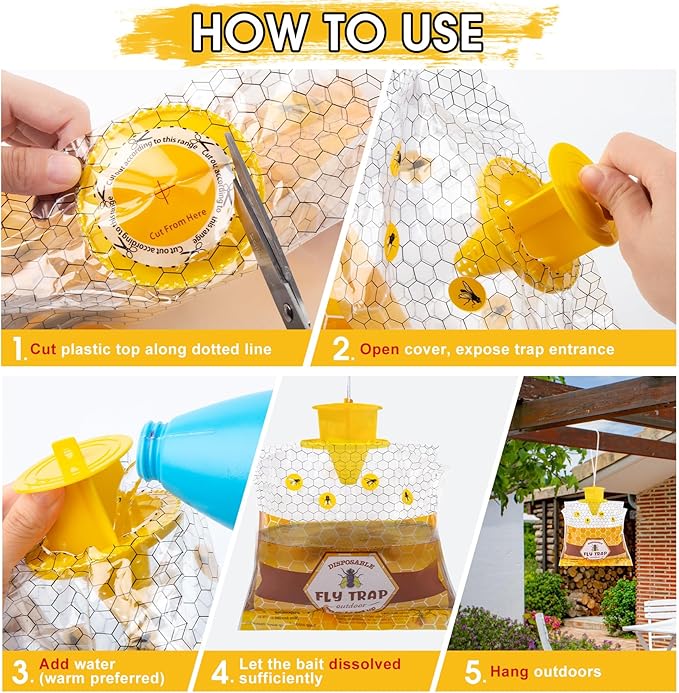10 Pack Fly Traps Outdoor Hanging for Patio, Flies Bags Outdoor Disposable with 30g Bait, Bug Fly Hunter Catcher Killer Control for Barn Horse Ranch Chicken Coop