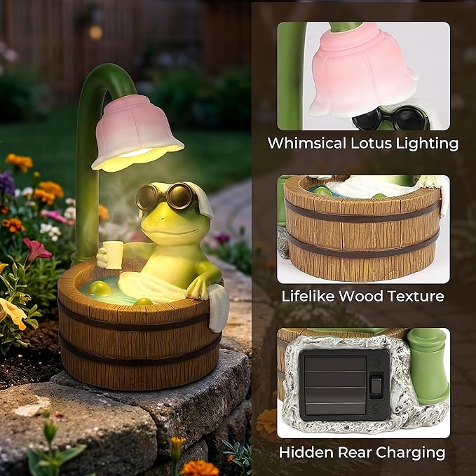 MXwcy Solar Frog Garden Statue with Lights, 6.3" Resin Frog Figurine Solar Garden Decor Outdoor Waterproof Lawn Ornament for Patio Yard, Cute Frog Gifts for Women Mom Grandma