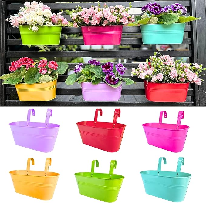 LaLaGreen Rail Planter (11.8 Inch, 6 Pack) Colorful Outdoor Hanging Flower Metal Planters Railing Fence Balcony Gardening for Apartment Patio Modern Garden Style Iron Deck Decoration Porch Decor Pots