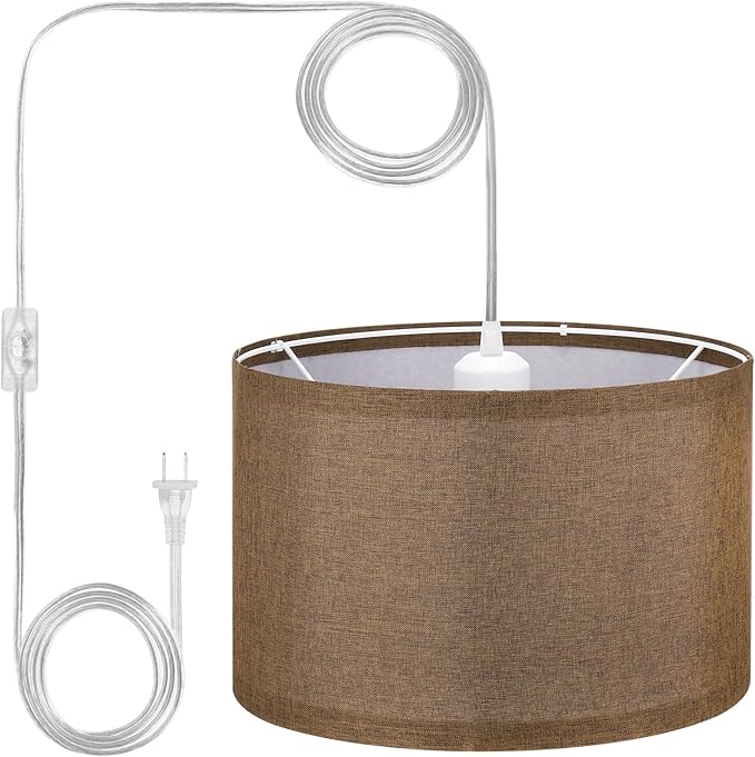 PATIKIL Plug in Pendant Light, 15Ft Rope Cord Hanging Lamp Fixture with ON/Off Switch, Linen Fabric Shade E26/E27 Bulb Socket for Bedroom Kitchen Living Room, Coffee