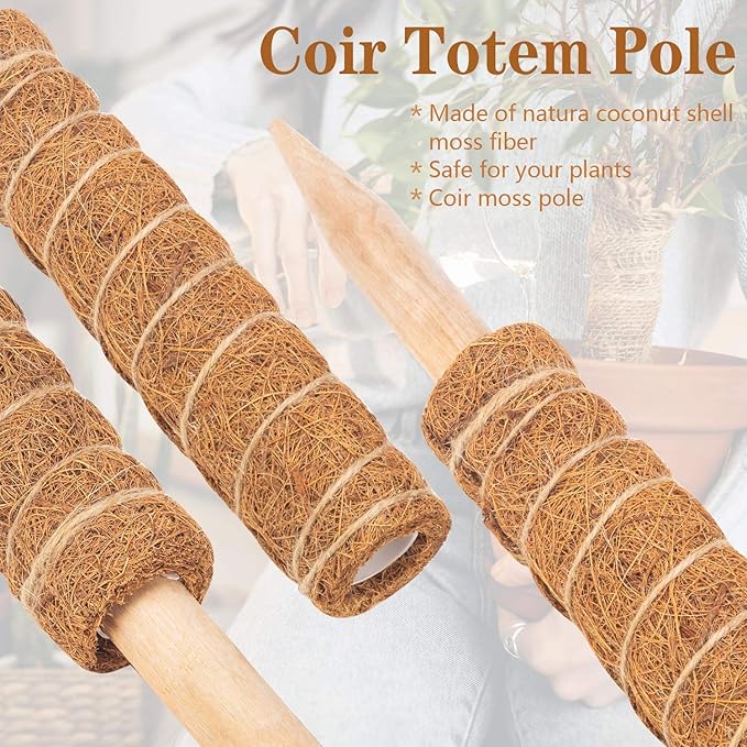 2 Pcs 12 Inches Coir Moss Poles for Climbing Plants with 4 Pcs Adjustable Plant Twist Ties - Coir Moss Totem Stick for Creepers Plant Support Extension, Climbing Indoor Plants(Total 20 Inch)