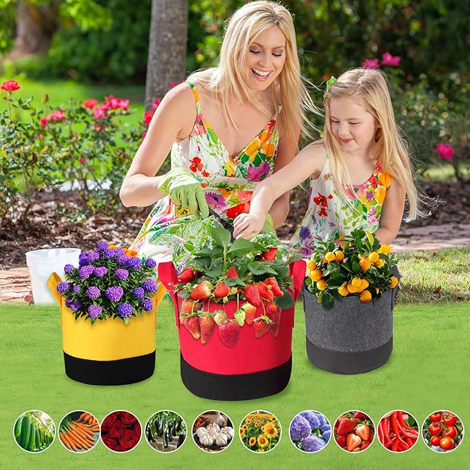Grow Bags 5Gal/7Gal/10Gal * 2 ，6 Pack Vegetable/Flower/Plant Grow Bags ，Plant Fabric Pots with Handles for Garden and Outdoor Planting (6 Colour, 7 Gallon)