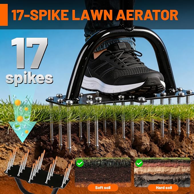 Standing Lawn Aerator with 17 Spikes, 39.37" Carbon Steel Soil Aerator Tool Wide 11.8"x4.72" Base & Includes Gloves for Effortless Soil Loosening and Yard Aeration