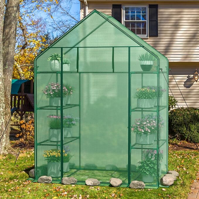 Giantex Walk-in Greenhouse, 4 Tier 8 Shelves, Portable Plant Garden House Indoor Outdoor Mini Growing House for Herb Flower Succulent, Zipped Door, Metal Frame, Patio Lawn Yard