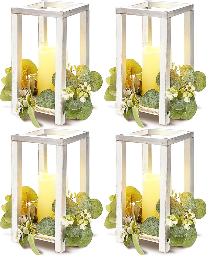 Huquary 8 Pcs Wooden Wedding Lantern Centerpiece for Table Decoration Includes 4 Farmhouse Candle Holder and 4 Flameless Decorative LED Candles for Rustic Home Wedding Decor(White)