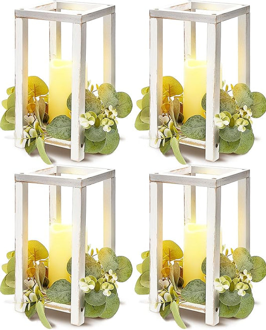 Huquary 8 Pcs Wooden Wedding Lantern Centerpiece for Table Decoration Includes 4 Farmhouse Candle Holder and 4 Flameless Decorative LED Candles for Rustic Home Wedding Decor(White)