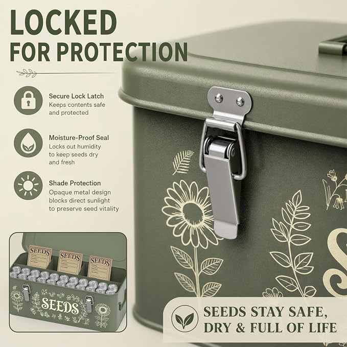 Seed Storage Organizer Box, 4 Compartment Locking Metal Case | Heirloom seed bank organizer provides professional greenhouse storage for master gardeners to secure valuable vegetable packs