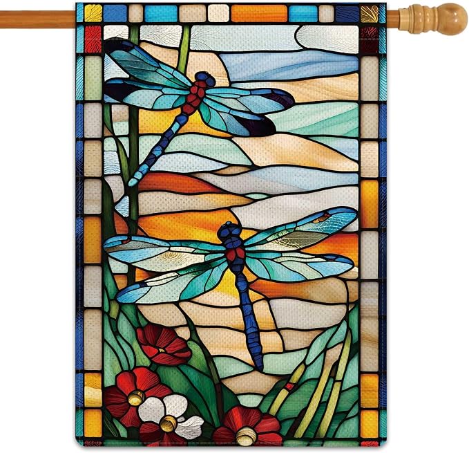 Spring Summer Dragonfly Garden Flag Glass Style Flowers Garden Flag Vertical Double Sided Rustic Farmland Burlap Yard Lawn Outdoor Decor 28x40"