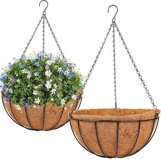 HKZ Hanging Basket Planter Plants Outdoor - 2 Pack 10 Inch Metal Hanging Planter with Coco Liners, Chain Hook Hanging Flower Pots for Indoor Outdoor Garden Porch Decoration