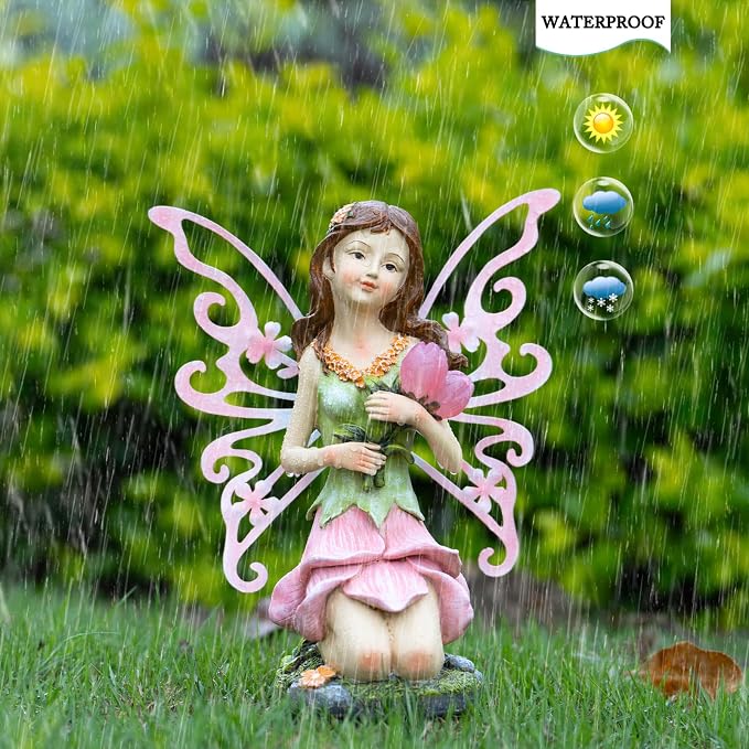 Suyorpe Solar Fairy Garden Statue Lights Outdoor Decor - Fairies Pink Flower Resin Waterproof Figurine for Patio Backyard Yard Lawn Decoration,Gift for Mom Grandma Wife