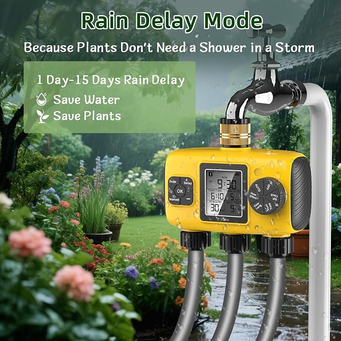 3 Zone Sprinkler Timer for Garden Hose,Garden Hose Timer with Brass Inlet,Programmable Automatic&Manual Irrigation System with LCD Display for Yard/Lawn/Pool,Rain Delay,IPX5 Waterproof