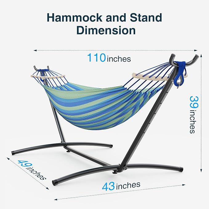ANAGOO Double Hammock with Stand, 2 Person Hammock with Anti-Rollover Spreader Bar, Adjustable Height Heavy Duty Steel Stand, 500LB Capacity Portable Hammock for Patio Backyard Camping, Wide Blue