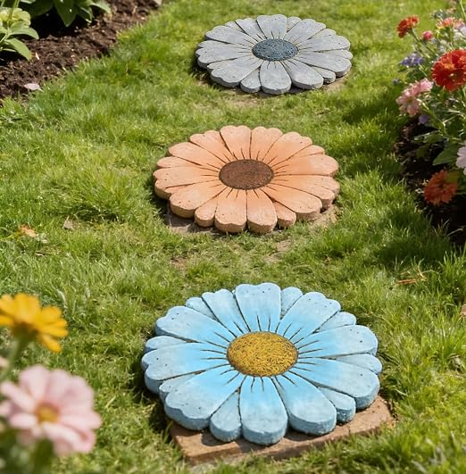 2 Pack Daisy Cement Stepping Stones 10 Inch, Heavy Duty Garden Pathway Stones, Non Slip Outdoor Walkway Decor for Yard Patio Lawn, Weather Resistant Cement Stepping Stones (Blue)