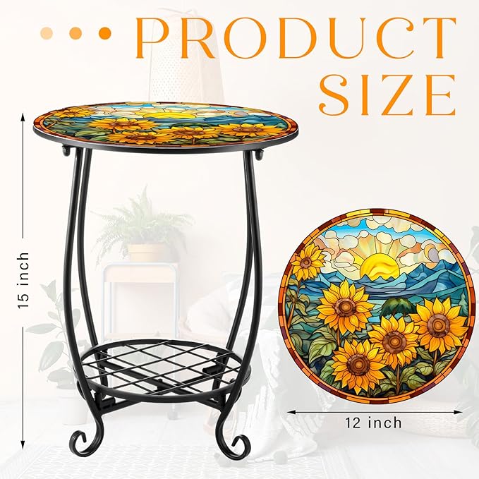 Cinnvoice Outdoor Side Table Round Small Mosaic Patio Accent Indoor End Plant Coffee Tea Table for Yard Patio Porch Garden Living Room, Bedroom(Sunflower Style,14 Inch)