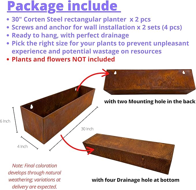 LaLaGreen Outdoor Wall Planters (30 Inch, 2 Pack) Rust Brown Corton Steel Hanging Flower Pots for Succulents, Wall Mounted Plant Holders for Window, Modern Vertical Living Garden Balcony Home Decor