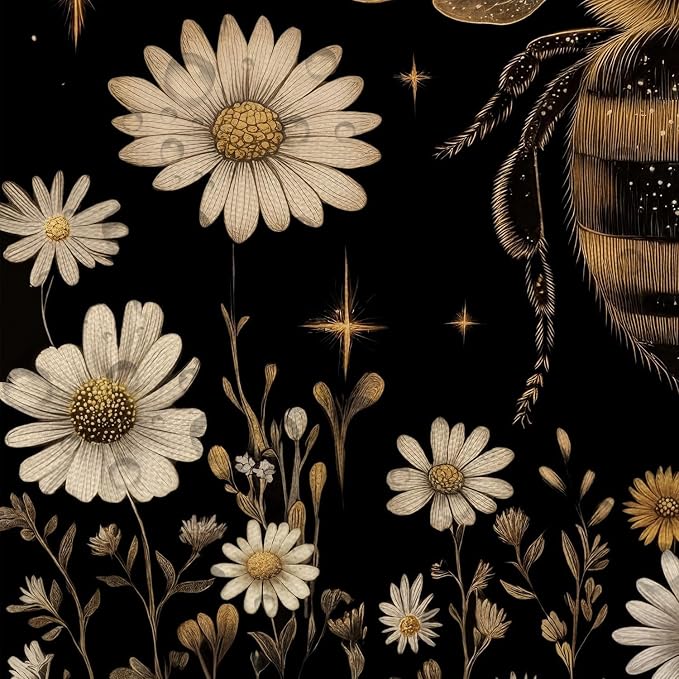 Vintage Boho Shower Curtain Black and Gold Floral Bathroom Aesthetic Decorative, Funny Rustic Bee Daisy Flowers Witchy Eclectic Chic Farmhouse Shower Curtains with Hooks, 72X84 Inch Yellow