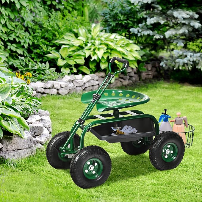 Giantex Rolling Garden Cart with Seat, 4-Wheel Gardening Workseat with Storage Basket, Swivel Stool Adjustable Seat, Steering Handle, Garden Utility Cart, Steel Frame (Green)