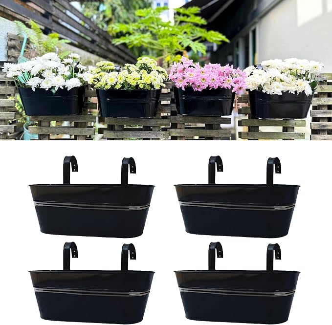 LaLaGreen Outdoor Plants Rail Planter (15 Inch, 4 Pack) Black Metal Iron Hanging Flower Pots Deck Railings Fence Balcony Buckets Modern Boho Style Window Box Plant Holder Hooks Porch Home Garden Decor