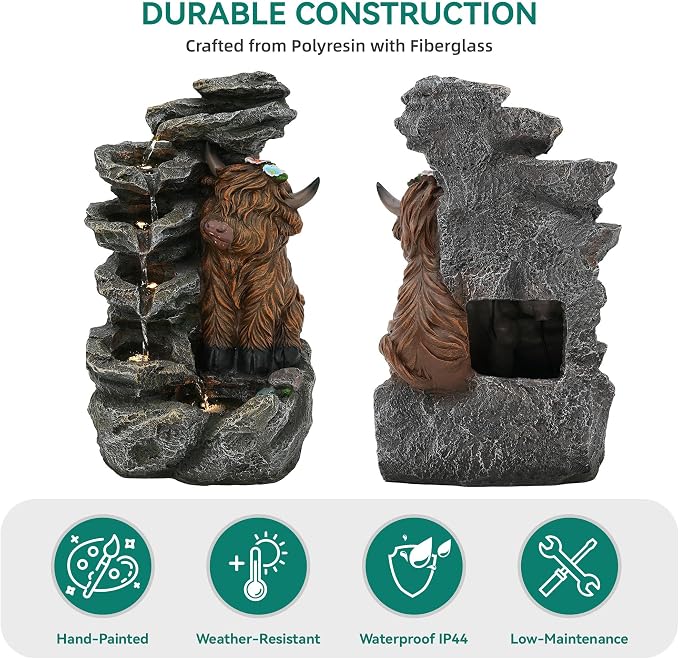 19" Highland Cow Outdoor Fountain, 5-Tier Charming Water Feature with LED Lights, Pastoral Resin Soothing Cascading Waterfall for Patio, Backyard, Garden or Porch
