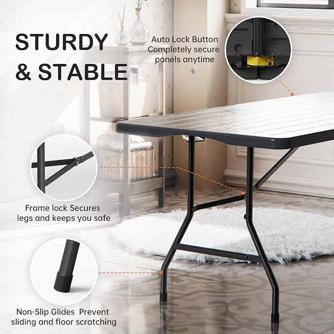 VSOAEIL Set of 2 6 Foot Folding Table for Indoor Outdoor, Portable Heavy Duty Fold-in-Half Utility Plastic Foldable Dining Table with Carrying Handle for Picnic, Camping and Party, 2 Pack Matte Black
