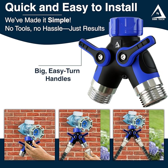 DBR Tech® Hose Splitter 2 Way, Heavy Duty Metal Connector, Two Way Garden Hose Splitter, High Flow Spigot Faucet Bib Adapter, Solid Double Y Shut Off Valve for Outdoor Gardening Hoses, Blue