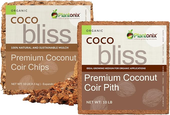 Coco Coir (10lbs) + Coco Chips for Plants (10lbs) - Organic Coco Coir Brick & Coco Coir Chips - Coconut Bricks for Plants - Bulk Coco Husk & Coconut Mulch Bundle - Garden Soil & Potting Soil Mix