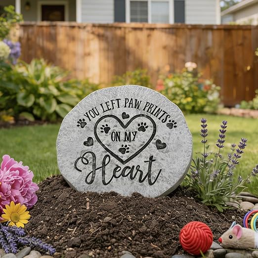 Landoraloria Pet Memorial Stone, 10” Cement Heart Stepping Stone, Outdoor Garden Remembrance Stone for Loss of Dog or Cat – “You Left Paw Prints on My Heart”