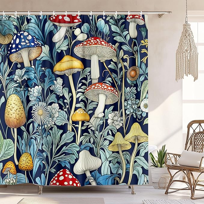 Rustic Boho Mushroom Shower Curtain, Vintage Chic Dark Mushroom Botanical Floral Farmhouse Cottagecore Aesthetic Shower Curtains with Hooks, Fairy Witchy Plant Shower Curtain for Bathroom 72X72,Blue