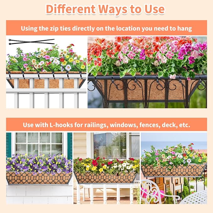 Riare 4 Pack 24 Inch Window Boxes Planters with Coco Liner, Metal Deck Railing Planter Boxes, Balcony Planters Railing Hanging, Horse Trough Window Flower Planter Boxes for Outdoor Porch Fence Patio