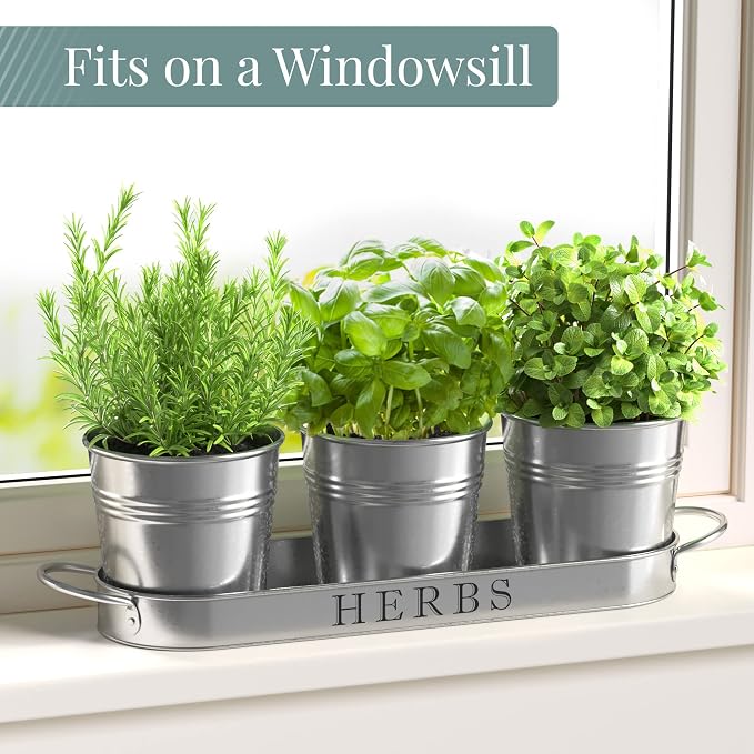 Barnyard Designs Indoor Herb Garden Planter Set with Tray, Metal Windowsill Plant Pots with Drainage for Outdoor or Indoor Plants, Set/3 (Galvanized)
