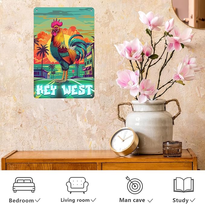 Chicken Key West Florida Retro Tin Signs Vintage Wall Decoration Metal Poster Home Kitchen Bedroom Bar Sign Decoration Posters Tin Sign Halloween Thanksgiving Gift 12 * 8in