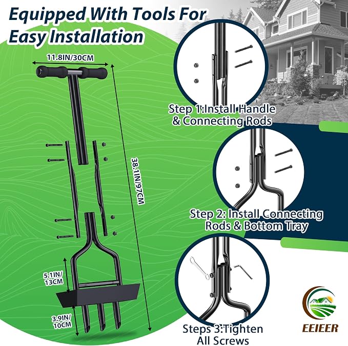 EEIEER Manual Lawn Aerator Tool with Soil Storage Basket - 2025 Upgraded Aerator Lawn Tool, 3 Tines Yard Aerators with Cleaning Tool, 38’’ Ergonomic Aeration Tools for Compacted Soil & Lawn Care